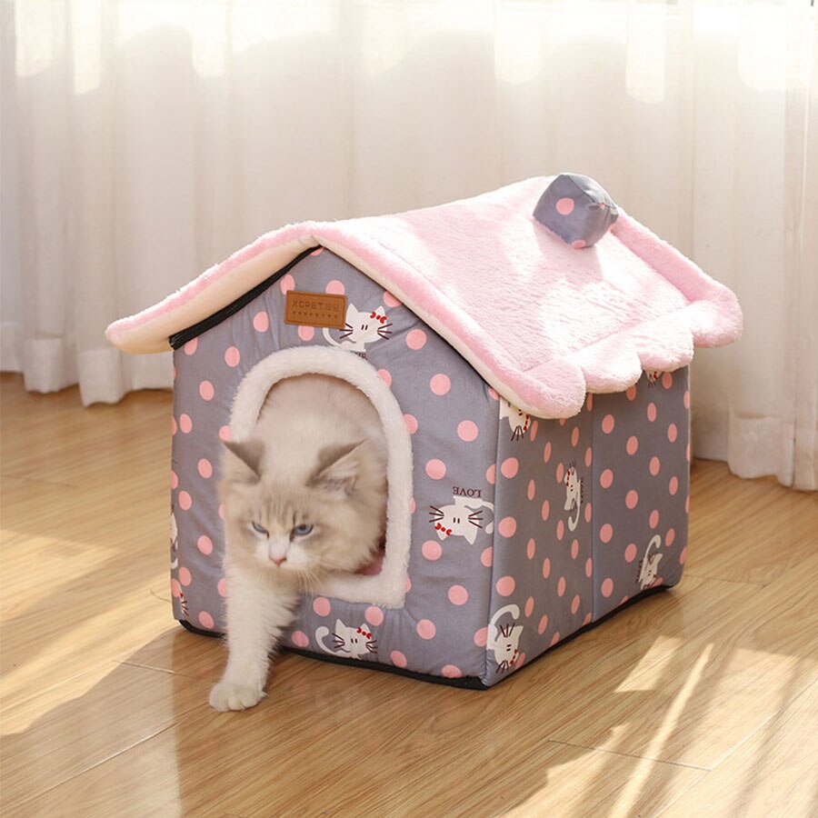 Maison de chat amovible avec tapis de dessin animé, maison de chien, , confortable, lit grotte de luxe, fournitures pour animaux de compagnie