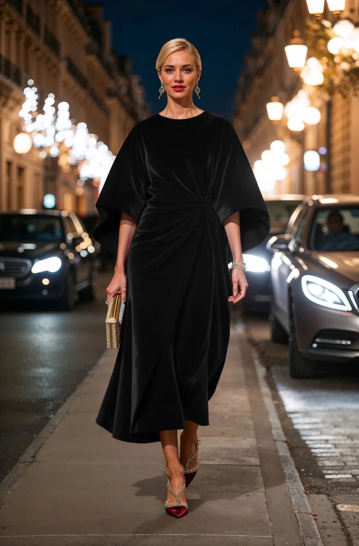 Velvet Waist-Cinching Dress with Batwing Sleeves And round Neck for Women Fashionable And Stylish Long Ankle-Length Gown: S / black