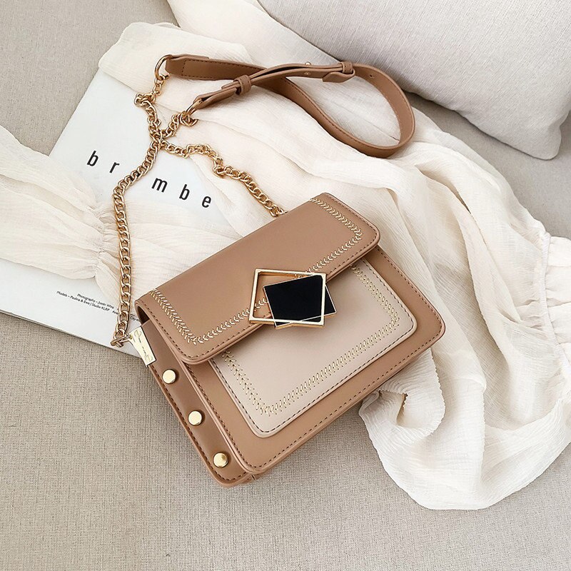 Korean style Chain Leather Crossbody Bags For Women Small Shoulder Messenger Bag Special Lock Female Travel Handbags: Khaki