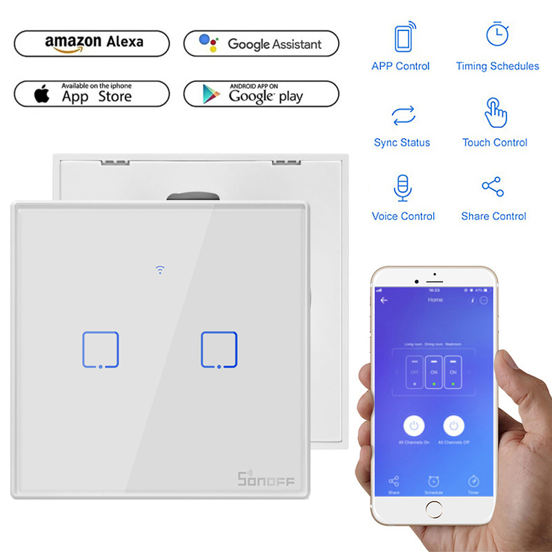 Sonoff-interruptor inteligente de parede t2 us/uk/eu tx, wi-fi, touch, 433 rf/voz/controle com borda, básico, com alexa, google home