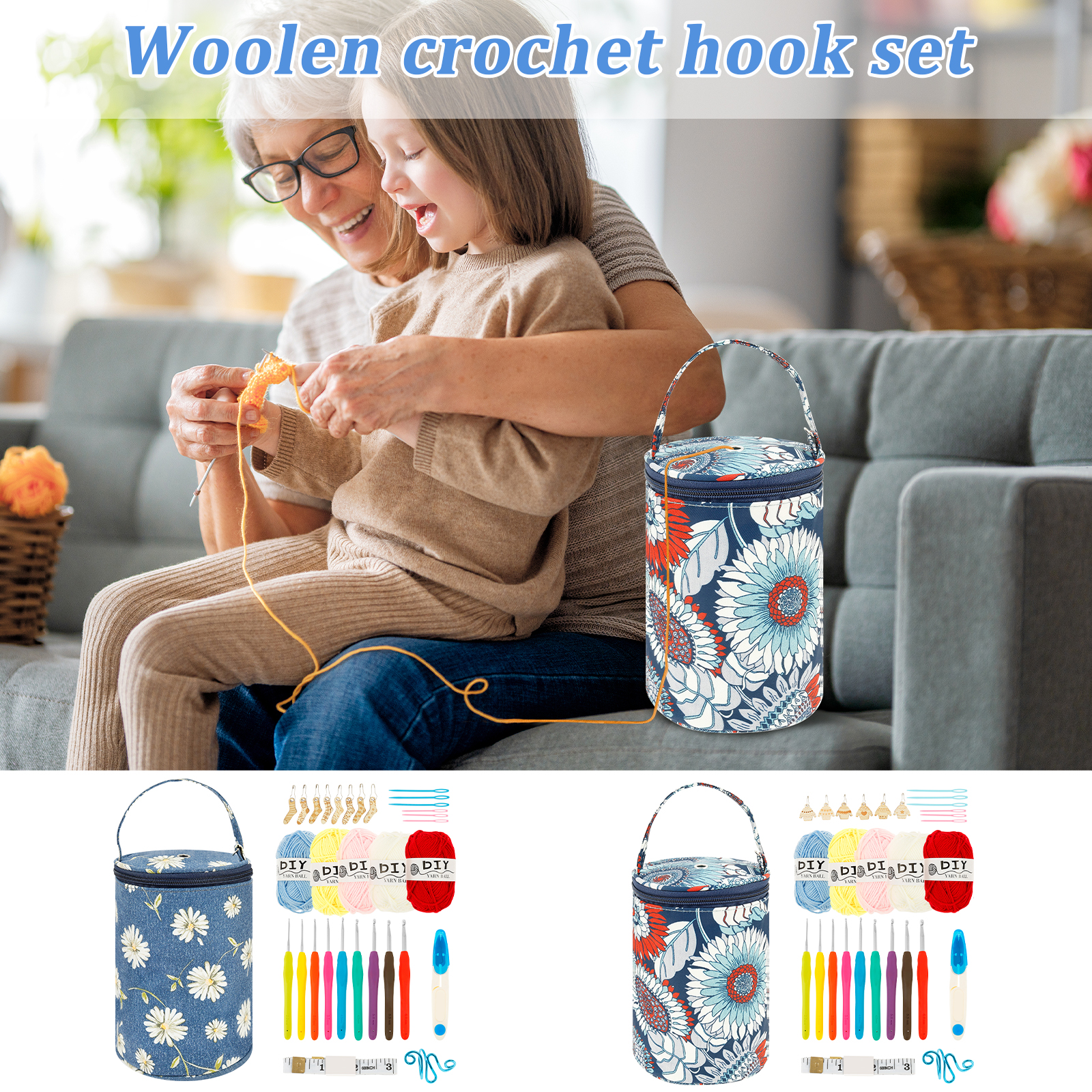Kit de ganchillo de 32 Uds., Kit de inicio de tejido eficiente con gancho de ganchillo, bolsa de aguja, juego completo de ganchos de ganchillo para principiantes