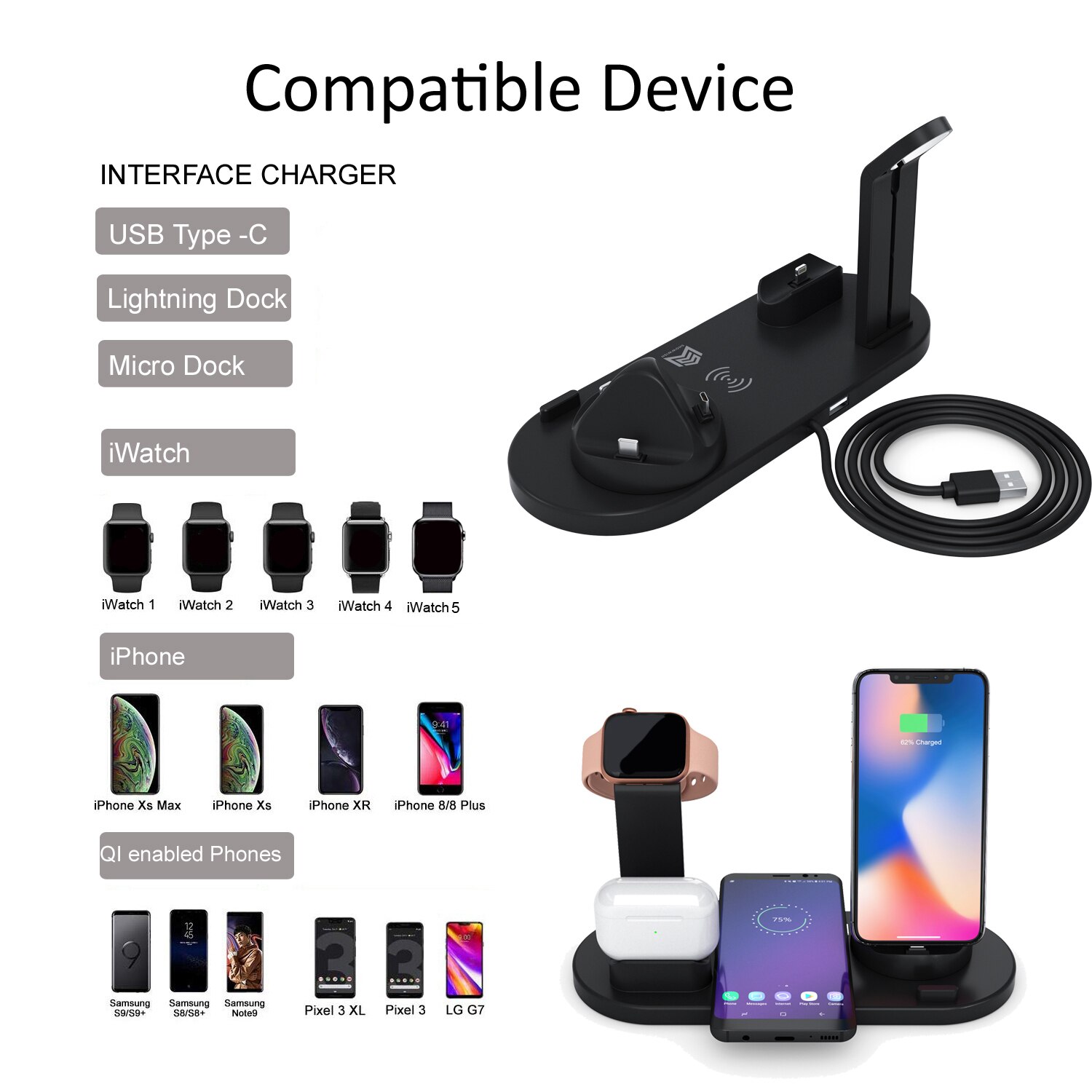 10W Draadloze Snel Opladen Voor Apple Huawei Samsung Xiaomi Mobiele Telefoon Draadloze Oplader Horloge Headset Opladen Stand Desktop