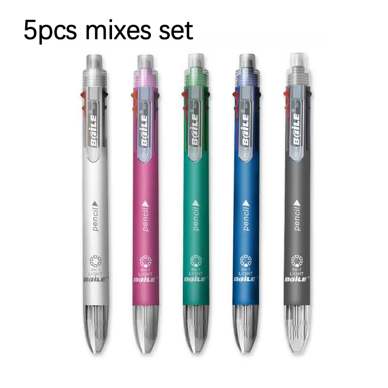5pcs Multi-colour 6 in 1 Ballpoint Pen Set Multifunction Ball Pen and 1 Automatic Pencil Writing Supplies Stationery: WHITE