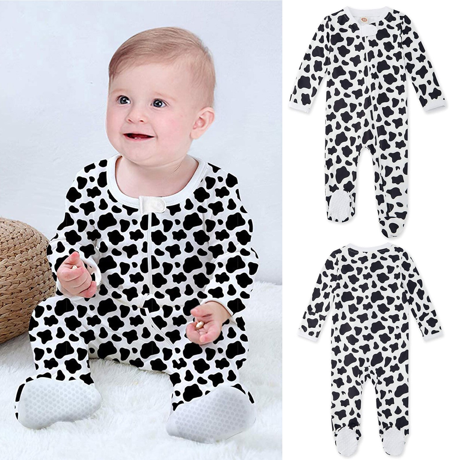 Baby Baby Jongens Meisjes Koe Print Pyjama Nachtkleding Rits Betaalde Pak Romper Jumpsuit Baby Kleding Polka Dot Koe Patroon: 12-18Months 	