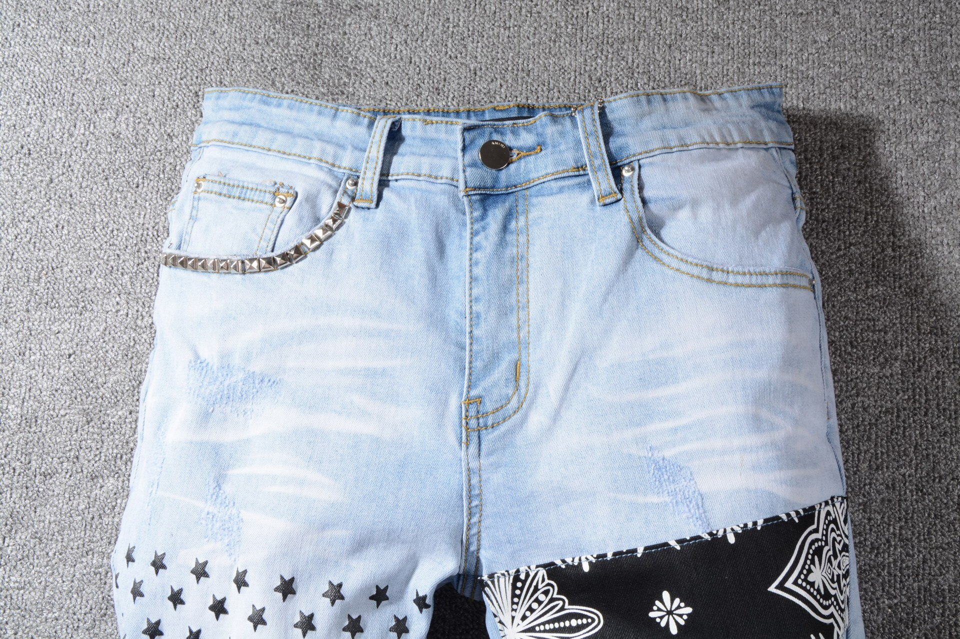 Jean Rivet pour homme, pantalon en Denim, léopard imprimé, Patchwork, avec poches, fermeture éclair, bleu clair, déchiré, slim, à la , collection