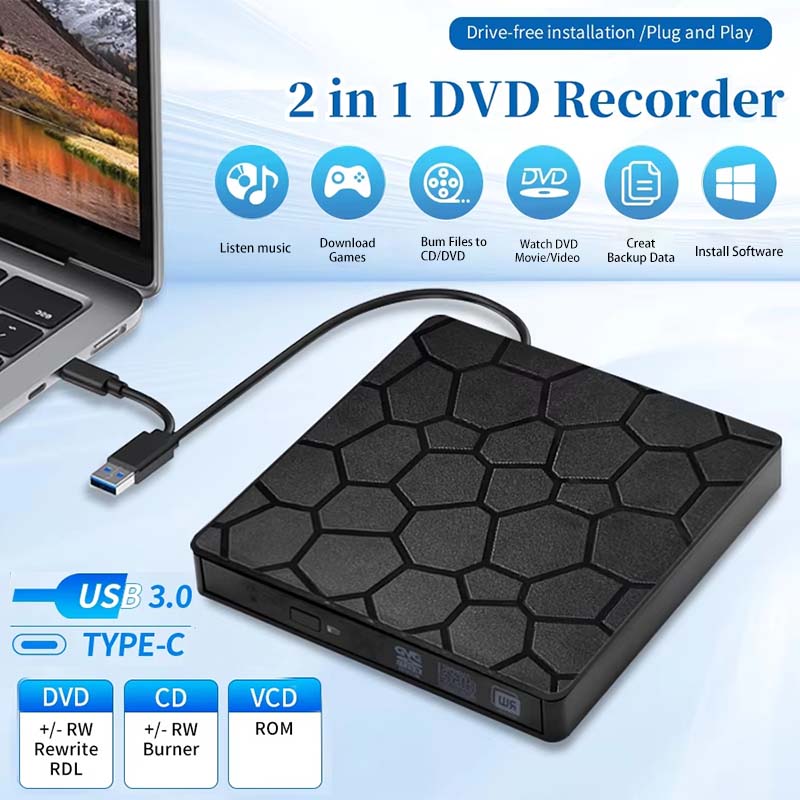 External DVD RW Drive USB 3.0 Type C 2 in 1 Interface Slim DVD VCD CD Writer Burner Reader Player Optical Drive for Laptop PC