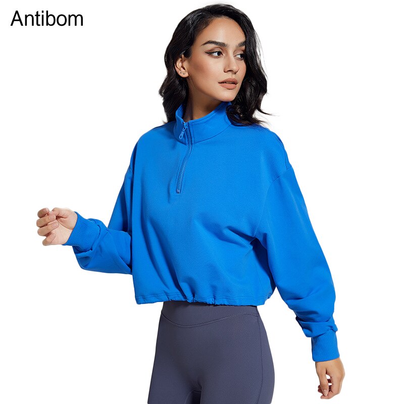 Antibom langarm-fitness-sport-sweatshirt für damen, lockerer reißverschluss, kordelzug, lange ärmel, yoga-kleidung, lauf-fitness-t-shirt