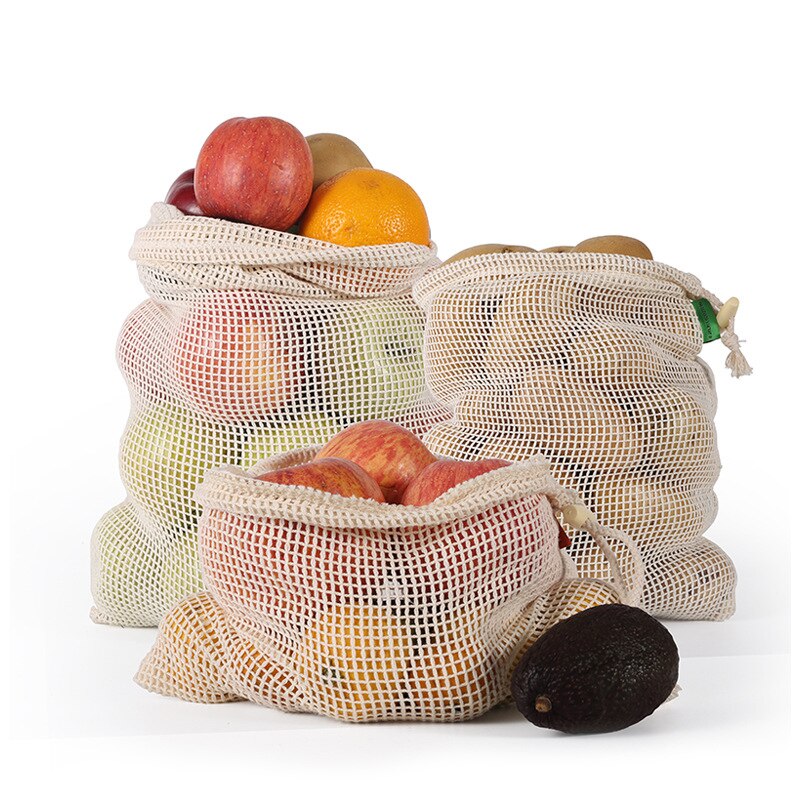 3pcs Reusable Pure Cotton Mesh Bag Vegetable Bags Produce Bag Fruit Storage Bag Supermarket Eco Shopping Bags Kitchen Organizer
