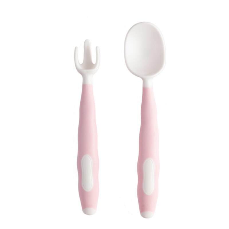 Baby Feeding Spoon Fork Utensils Set Children Curved Handle Easy Grip Elbow Training Kit: P
