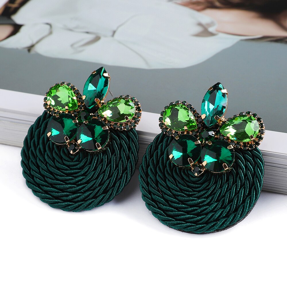 Ethnic Style Cotton Cord Weave Round Ear Accessories Vintage Sparkly Crystal Dangle Earrings For Women Luxury Jewelry: 33