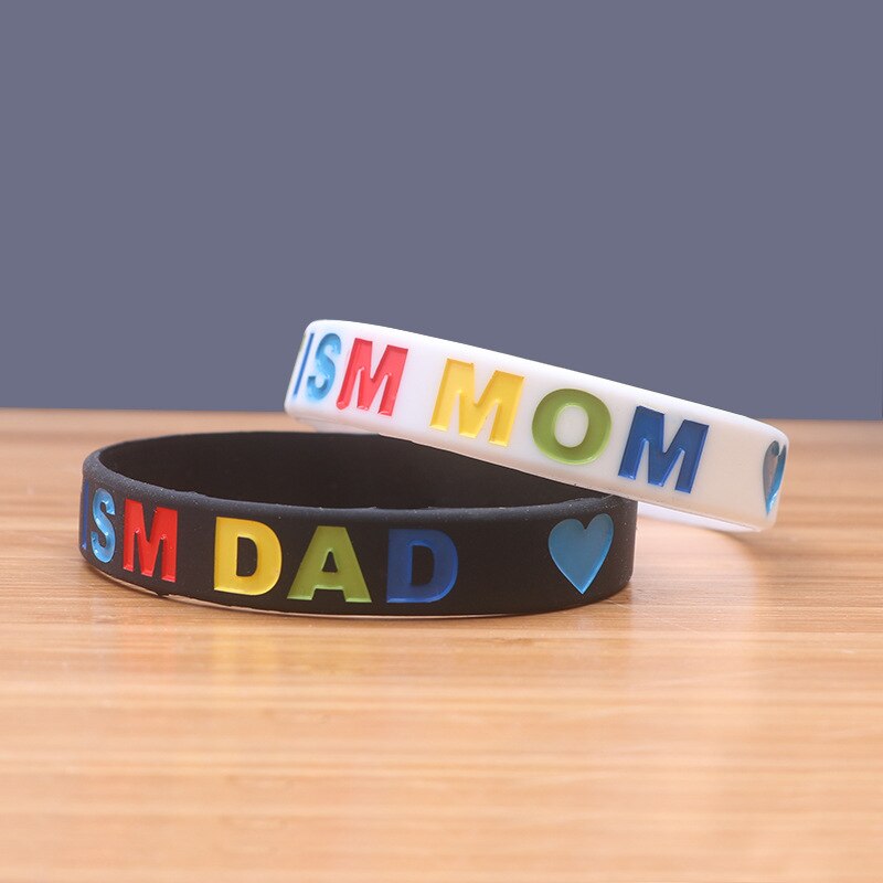 PBR157(1), "Autism Dad and Mom" Print Black/White Puzzle Pieces Ribbon Autism Awareness Wristband Silicone Rubber Bracelets