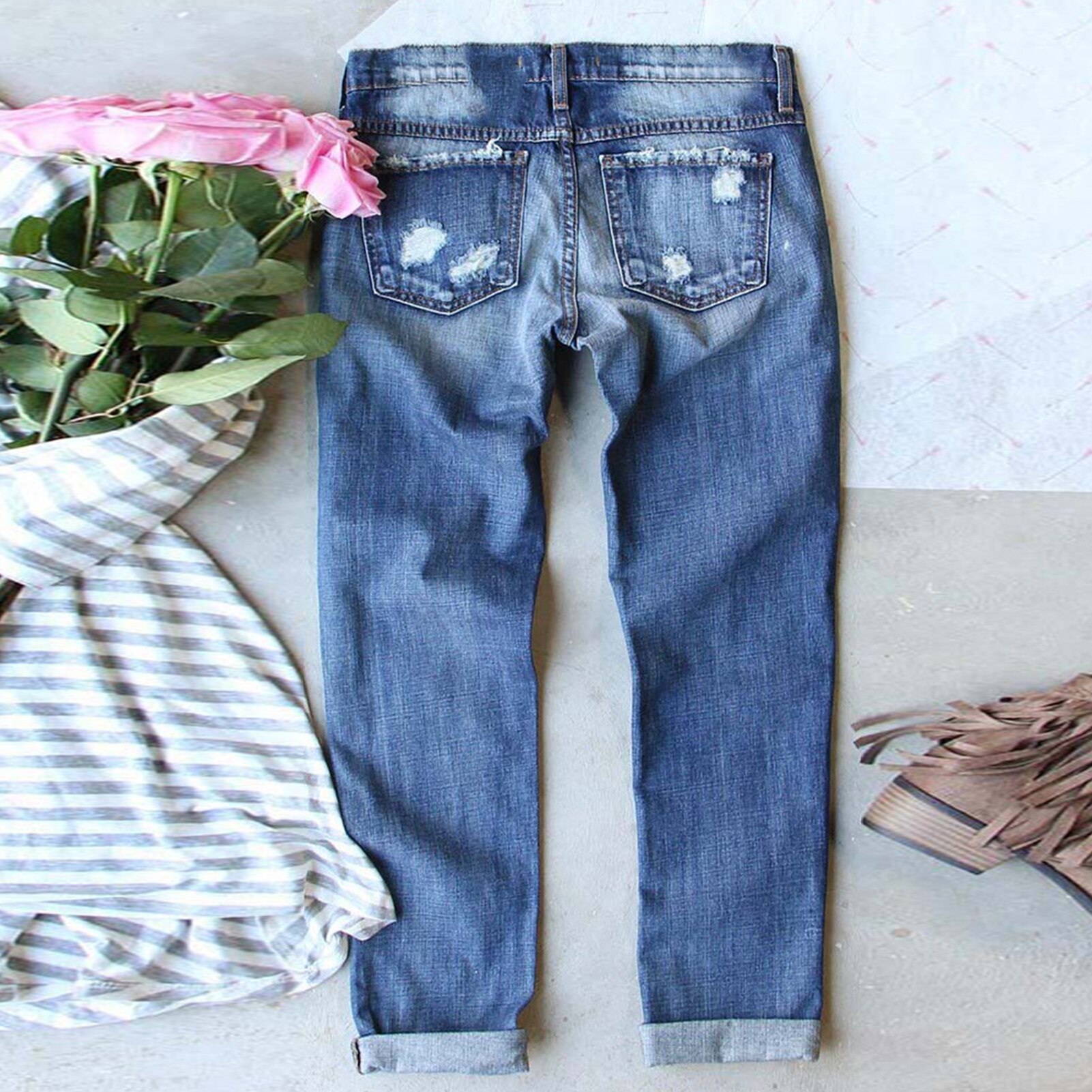 Comfortable Casual Zipper Women Ripped Hole Plaid Patch Patchwork Long Jeans Trousers Pants