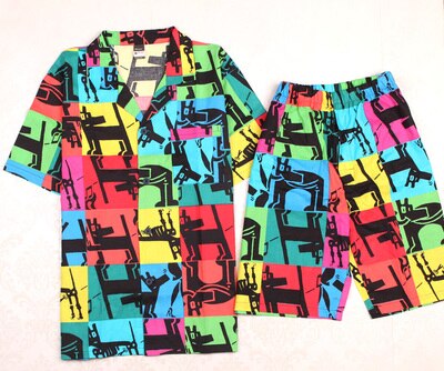 Pyjamas herr kortärmad bomull hemma kläder cardigan shorts bomull pyjamas set ungdom pojke pyjamas: Färg rutnät svart hund / M