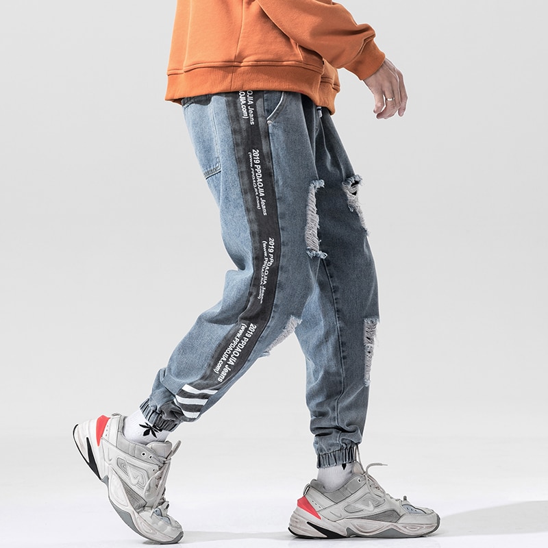 Høst jeans med hull for menn cargobukser koreanske klær og bukse med bokstavtrykk pluss størrelse baggy haremsbukser