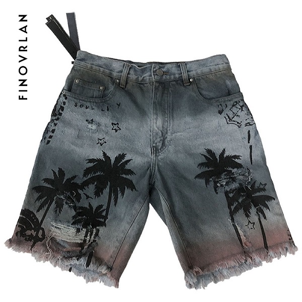 Mens jeansshorts vanliga hiphop knälånga shorts med korta hål för män sommar hawaii kokosnöt träd shorts: L