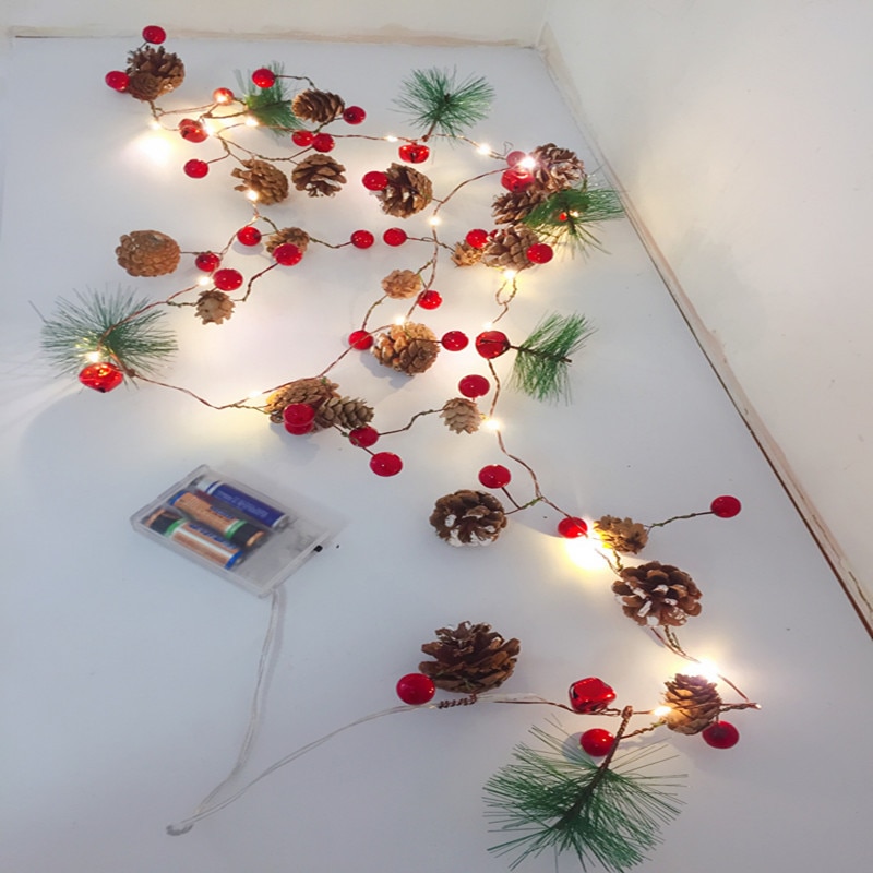 2 pakke julekrans med lys 2m 20 led batteri strømsnor lys juletræ taksigelse boligdekoration fyrremajs guirlande
