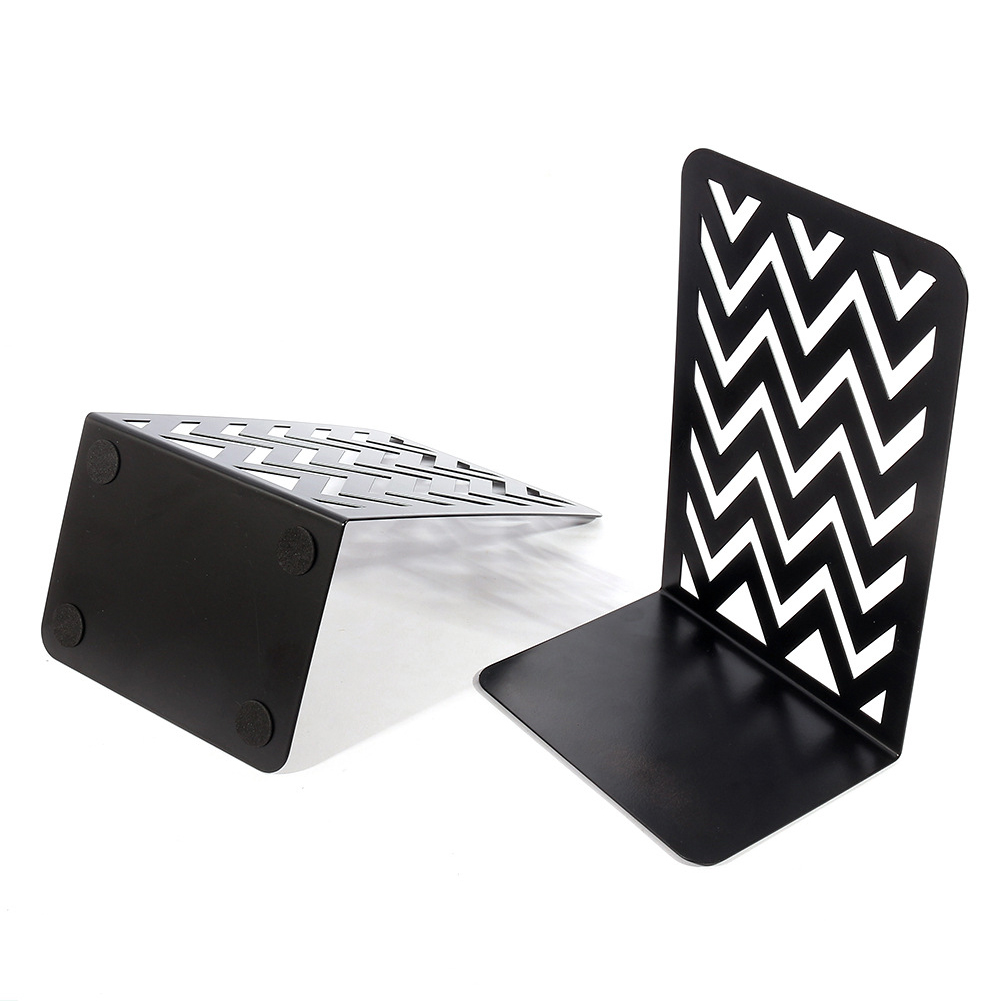 2pcs Black Home Office Desktop Decor Organizer Stainless Steel Bookend Practical For Students Non Skid Wave Shape Stationery