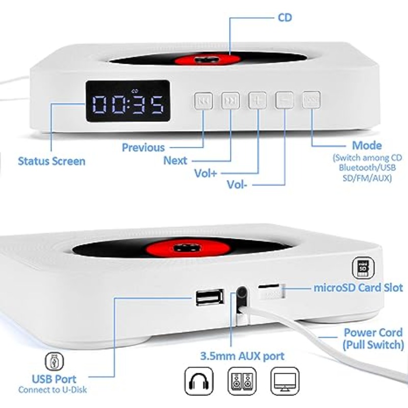 Qoosea Wall Mounted CD Player with LCD Screen, Home Infrared Remote Control, Support for CD/Bluetooth Speaker/FM Radio/USB Drive