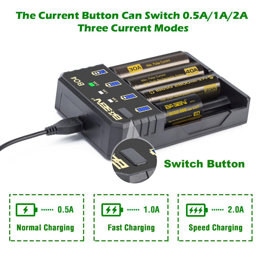 BASEN 18650 Battery Charger for 1.2V 3.7V 3.2V 18650 26650 21700 18350 AA AAA lithium NiMH battery smart charger 5V 2A plug