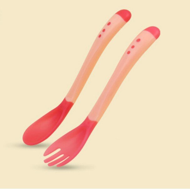 2 sztuk/zestaw naczynia do nauki dla dzieci z przyssawką zestaw obiadowy dla dzieci Assist Bowl łyżka z czujnikiem temperatury widelec zastawa stołowa: Pink Spoon And Fork