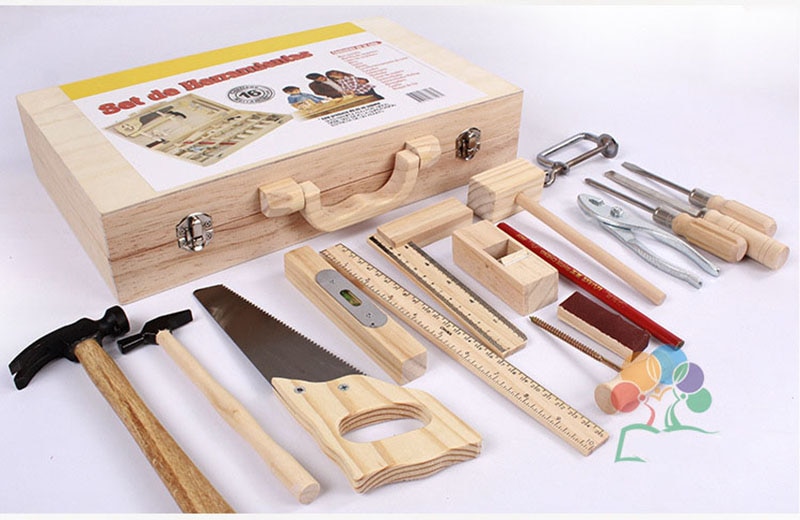Børn virkelige liv træ snedkerkasse værktøjer drengens foregive legetøj træværktøjer sæt hammer skruetrækker manuel færdighedsindlæring