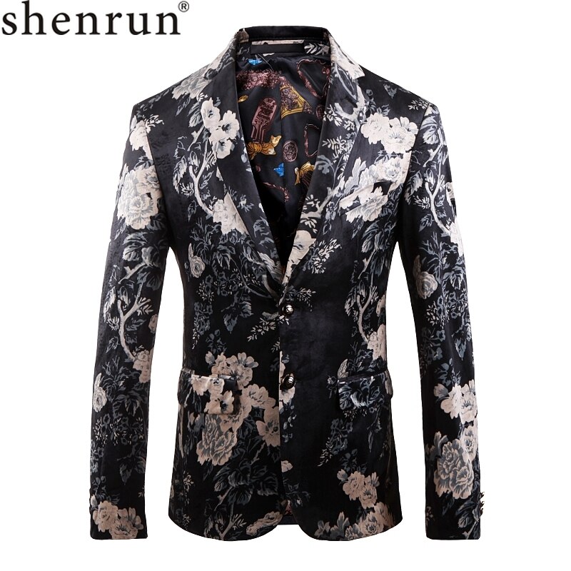 Shenrun Men Blazer Jackets Slim Autumn Winter Digital Print Velvet Casual Blazers Stage Costume Singer Host