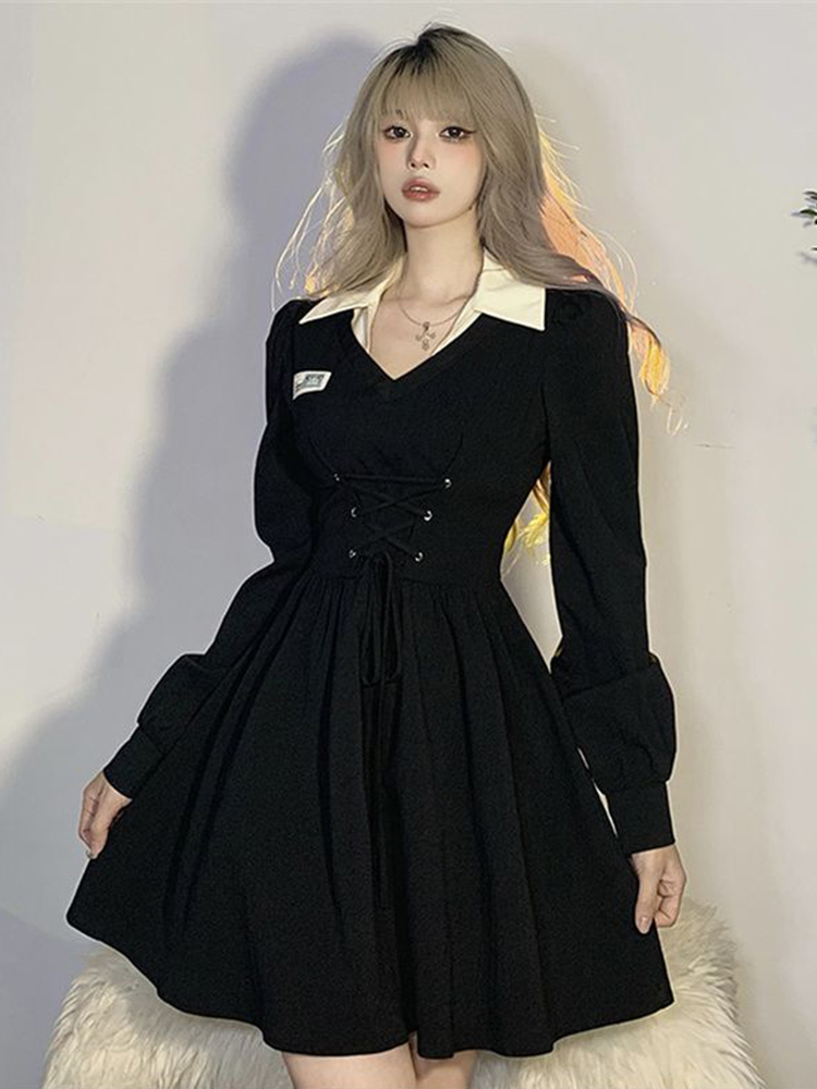 Zoki koreansk oversize 4xl sort kjole til kvinder snørebånd preppy kjole afslappet retro minikjole med a-linje og nedadgående krave