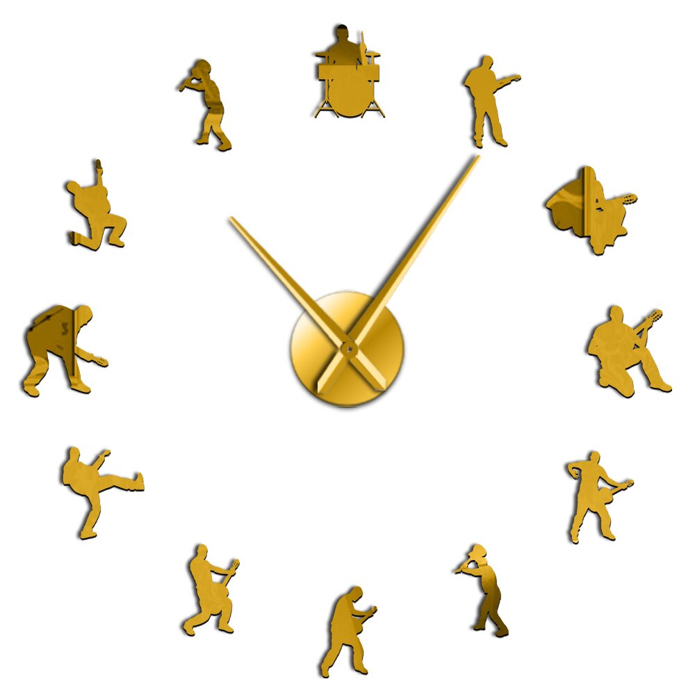Moderne Musik Band 3D Stumm DIY Wanduhr Trommel einstellen Gitarre Spieler Heimat Zauberstab Dekor selbst Klebstoff Acryl Spiegel Wirkung uhr Uhr: Gold / 47Zoll