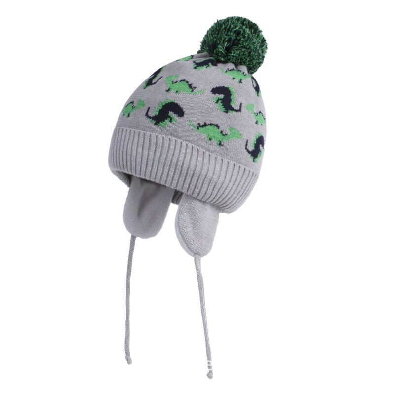 Toddler Baby Boys Cartoon Dinosaur Jacquard Beanie Warm Knitted Hat Earflap B36E
