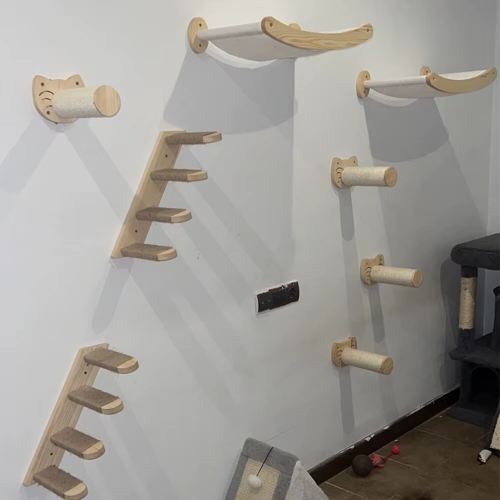 Wall-Mounted Cat Wall Climbing Shelves Set Wooden Cat Trees Tower Scratcher Jumping Platform Indoor Cats Gym Accessories Toy