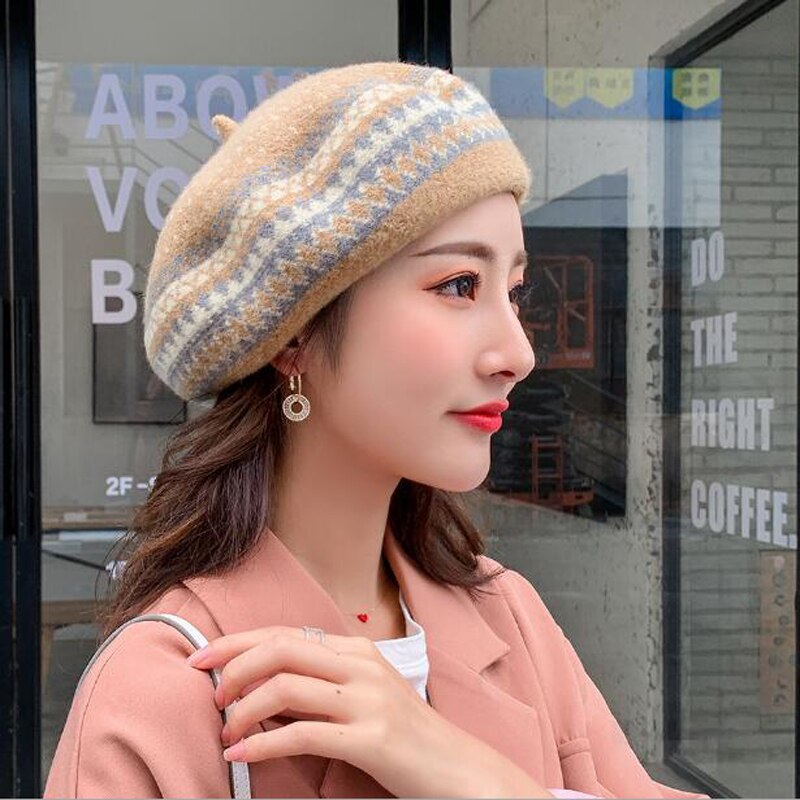 Uld baret kvinder vintre plaid hatte uld baretter kvinder klassisk uld filt varm fransk kunstner hat hue 7 farver