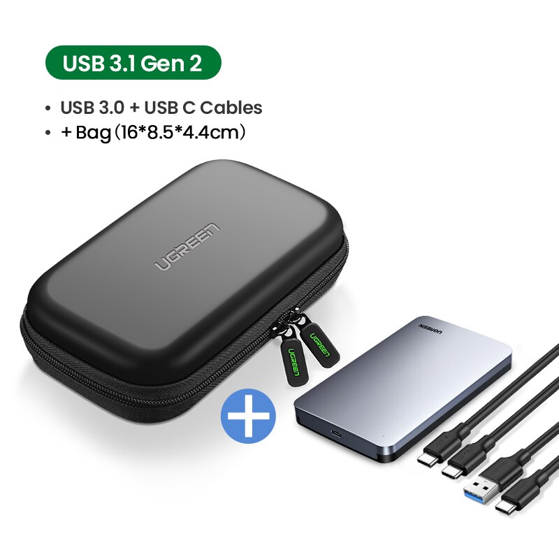 Ugreen HDD Case USB C Hard Drive Enclosure for 2.5" SATA SSD HDD Aluminum USB C to SATA Adapter USB 3.1 Gen 2 Support UASP SATA: 2 Cables add Bag