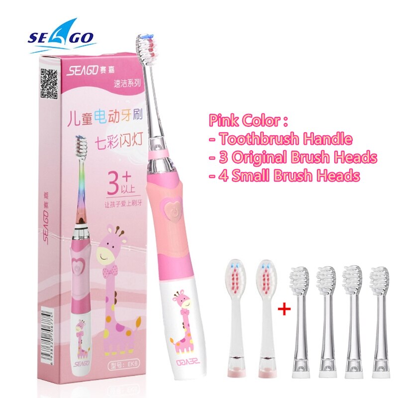 SEAGO Kinder Sonic Elektrische Zahnbürste Betriebene Wasserdichte LED Licht für 3-12 Alter Kinder Smart-Timer 3 Weichen Borsten pinsel Köpfe: Pink and 4 Small