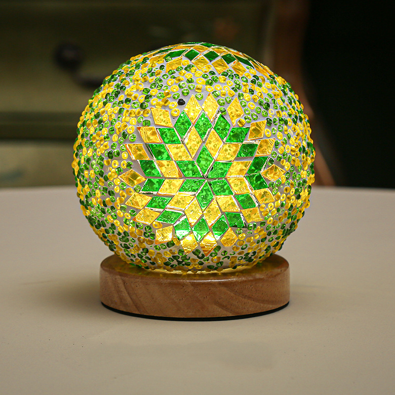 Mozaïek glazen bol tafellamp, bollamp met houten voet, turkse marokkaanse ronde kleine lamp voor slaapkamer, woonkamer en huisdecoratie.: Wit / Lichtrood
