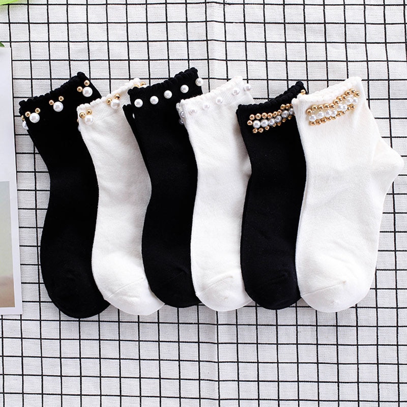 Black/White Korean Reto Pearl Socks Women Elastic Cotton Handmade Meias Socks Harajuku Calcetines Mujer