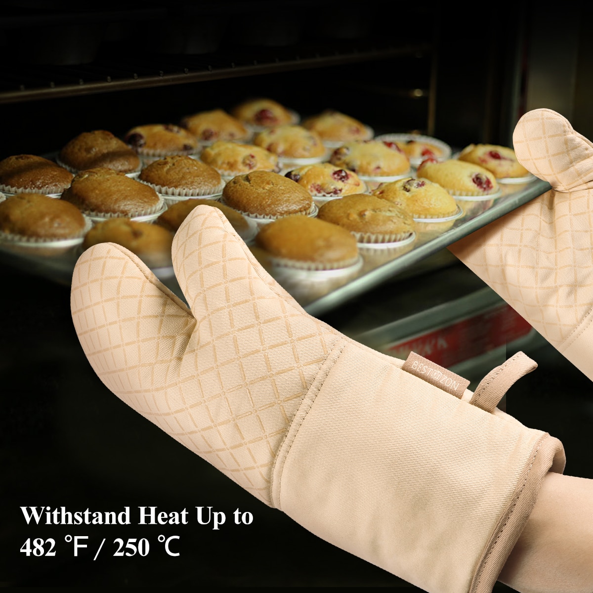 1 sæt ovnhætte varmebestandig grydeholderpude beskyttende ovnhandsker beige køkkenhandsker