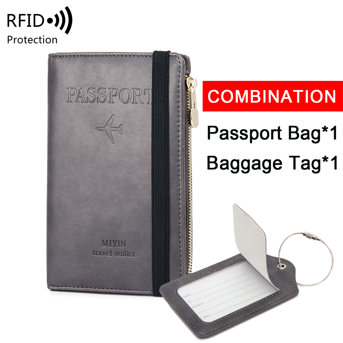Minimalistisch en modieus RFID-reispaspoortset + PU-bagagelabel 2-delig/set geschikt voor reisaccessoires voor heren en dames: GRIJS