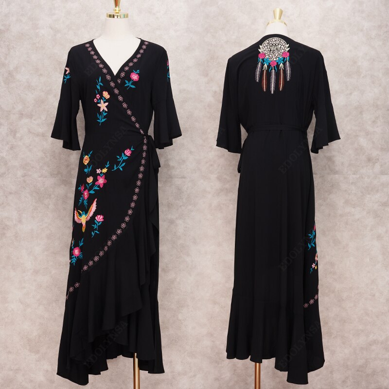 Stijl Katoen Borduurwerk V-hals Zwarte Jurk Bohemian Plus Size Beach Cover Up Vrouwen Tuniek Jurk Vestido A191