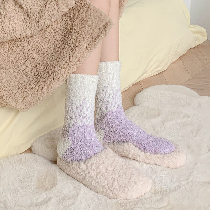 Winter Colored Starry Fleece Mid-Tube Socks Women Soft Warm Lamb Wool Thick Simple Versatile Socks Home Floor Sleeping Socks