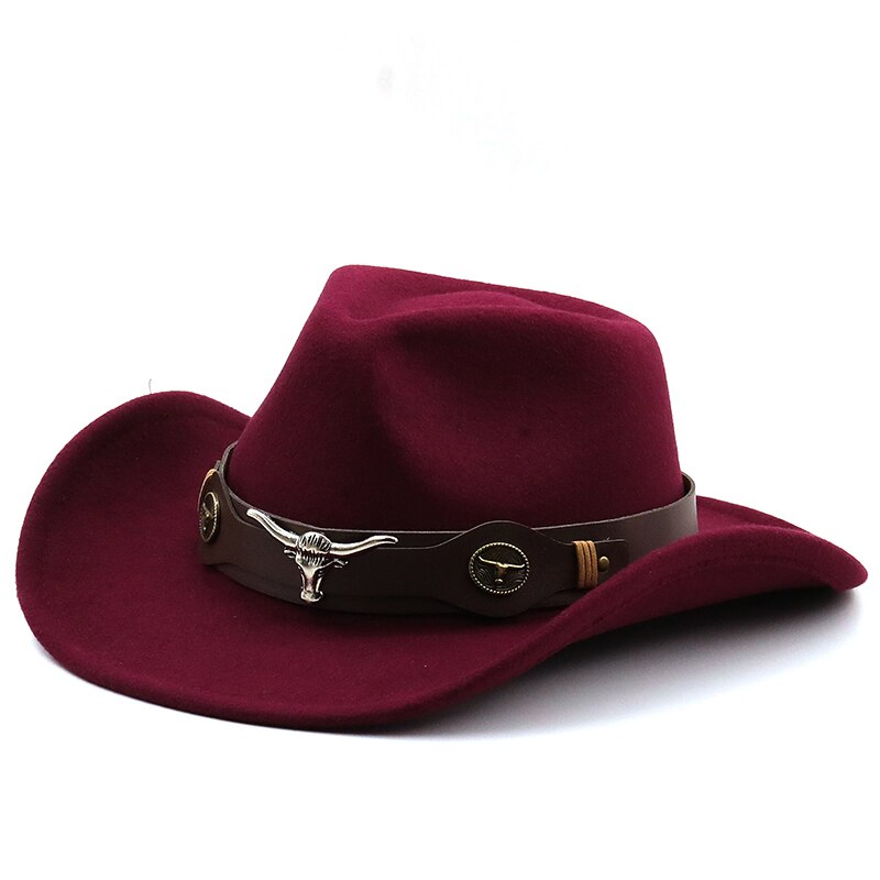 Women Men Hollow Western Cowboy Hat With Tauren Belt Winter Autumn Jazz Outback Jazz Toca Sombrero Cap Size 56-58CM: Wine Red