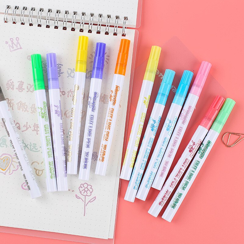12 Magic Double Lines Art Markers Pen Out Line Pen Fine Liner Marker Fineliner Calligraphy Lettering Pen Color Scrapbooking Pens