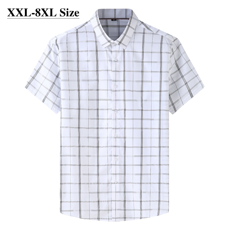 Plus Size 7XL 8XL Men's Shirt Summer Short Sleeve Plaid Loose Business Casual High Male Brand Shirt Black White