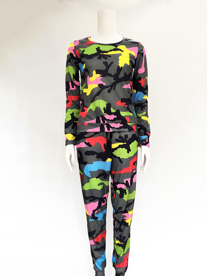Kamp Camouflage Pak Set Vrouwen Trainingspak Tweedelige Sport Stijl Outfit Jogging Sweater Fitness Lounge Sportwear