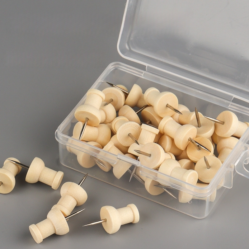 1Box Wood Push Pin Decoration Thumb Tacks Wooden Head Pin Wood Map Tacks Marking Pin For Cork Boards Bulletin DIY Craft Projects: MULTI