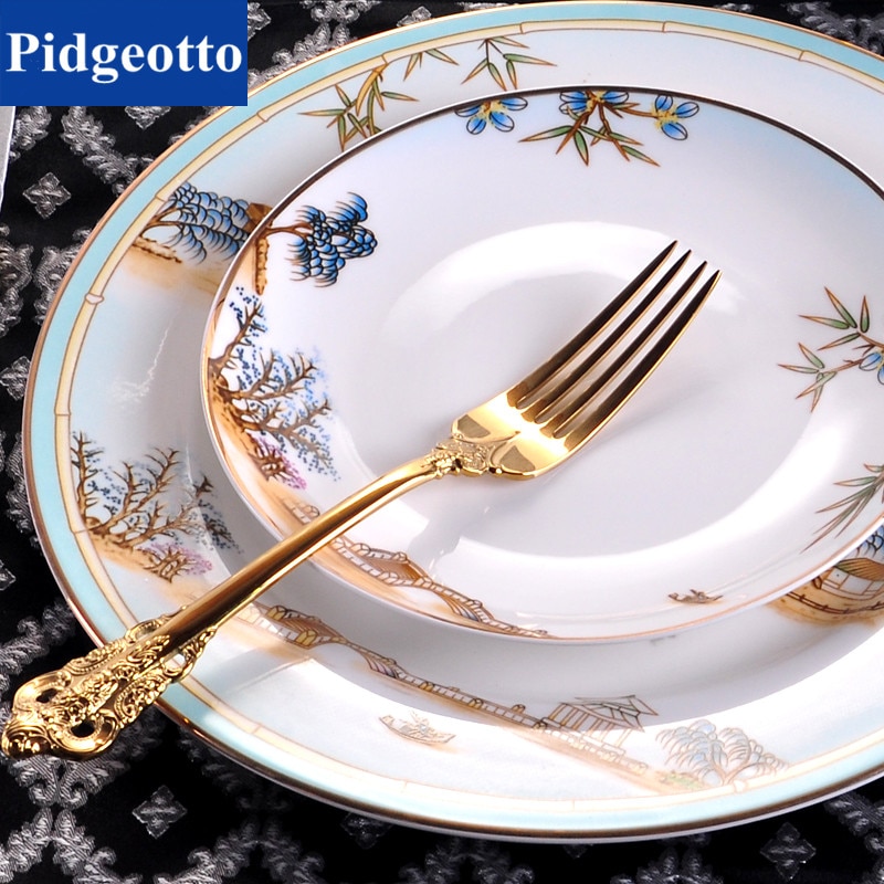 Chinese Style Porcelain Dinner Plates High-end West Lake Hotel Tableware Cutlery Set Decorative Flat Steak Plate