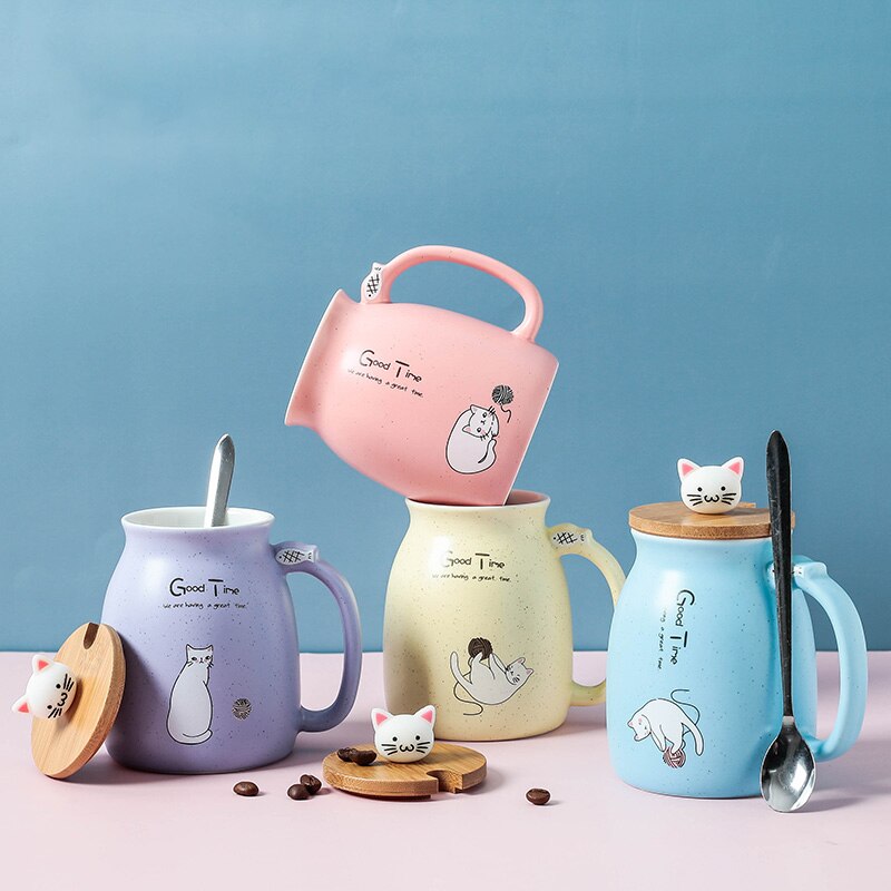 Color Cat Heat-Resistant Mug Cartoon with Lid Cup Kitten Coffee Milk Ceramic Mugs Children Cup Office Drinkware