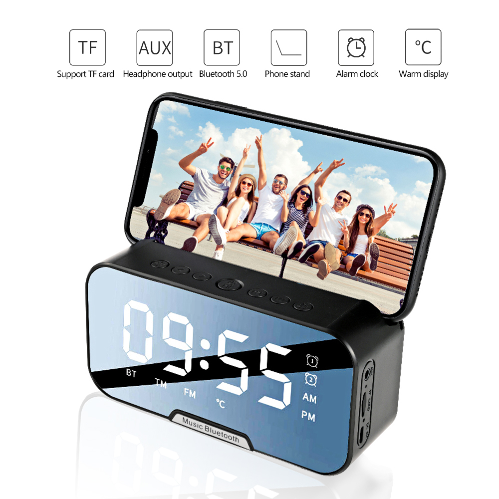 Draagbare Draadloze Bluetooth 5.0 Speaker Kolom Super Bass Stereo Subwoofer Ondersteuning Tf Aux Spiegel Wekker Fm Ontvanger Radio