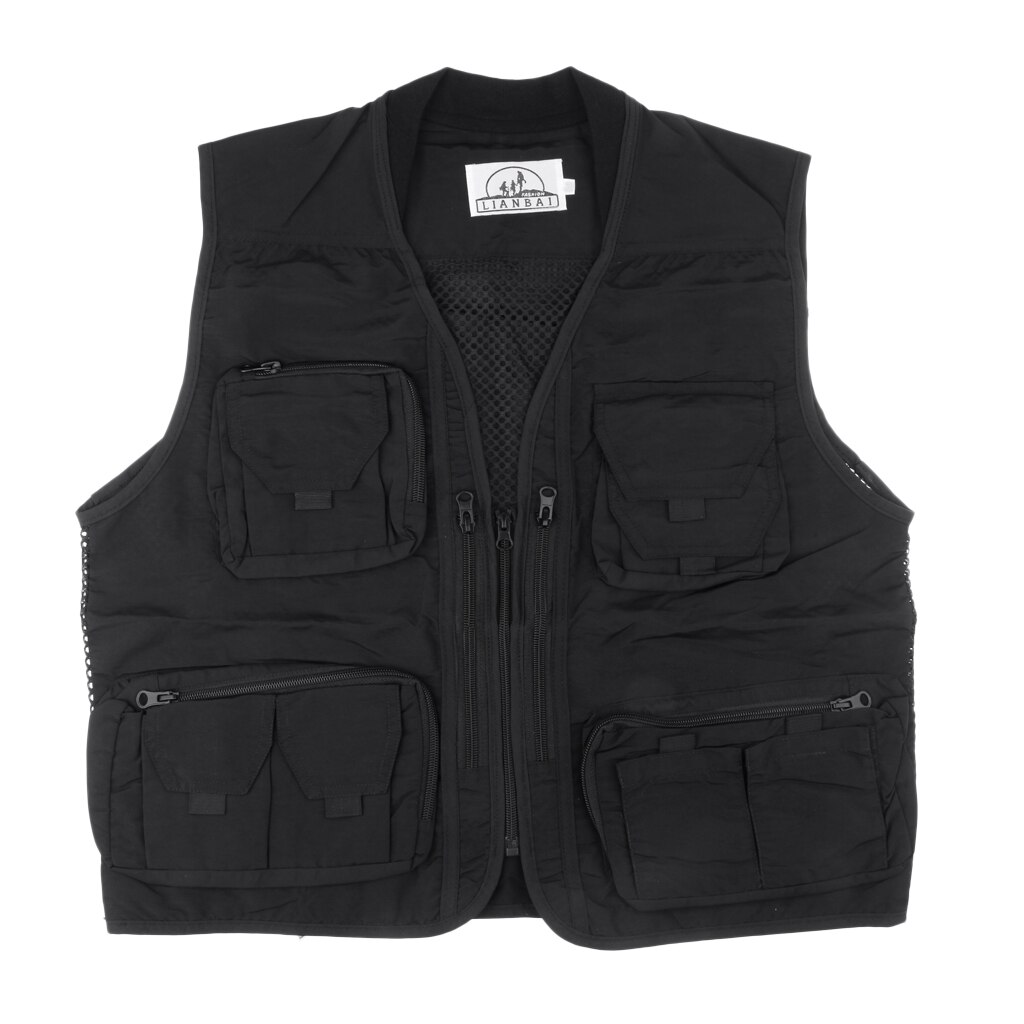 Heren multi pocket mesh visvest multi-pocket visfotograaf snel drogend ademend vest outdoor casual jas zwart