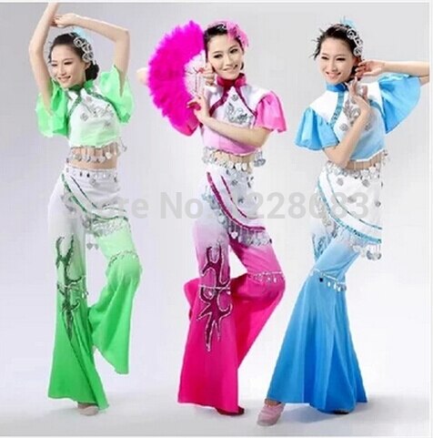 Oude Plus Size Blauw Roze Groen Yangko Jurk Traditionele Chinese Dans Kostuums Roupa Oosterse Dans Kostuums