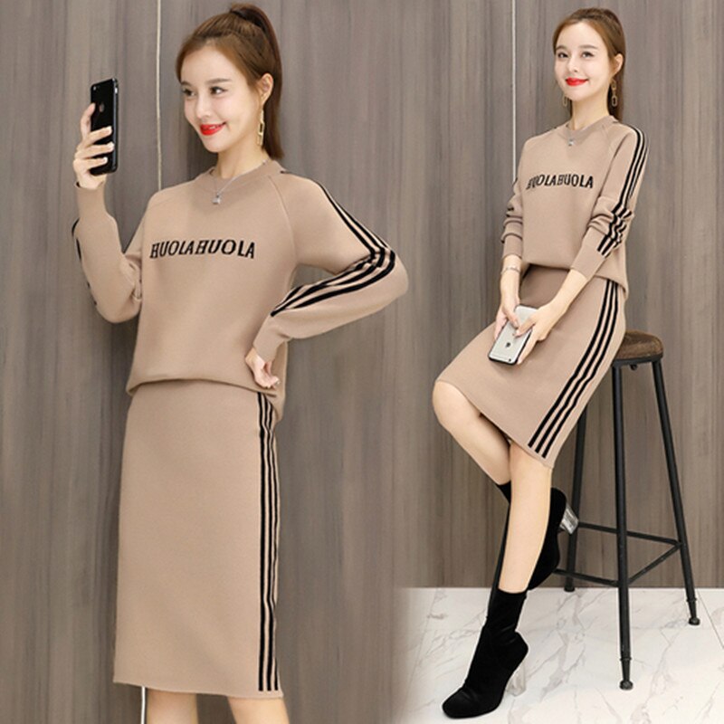 Women's Knit Sweater Dress Set - Long Sleeve O-Neck Pullover + Elastic Waist Mid-Calf Skirt: Picture color / XL